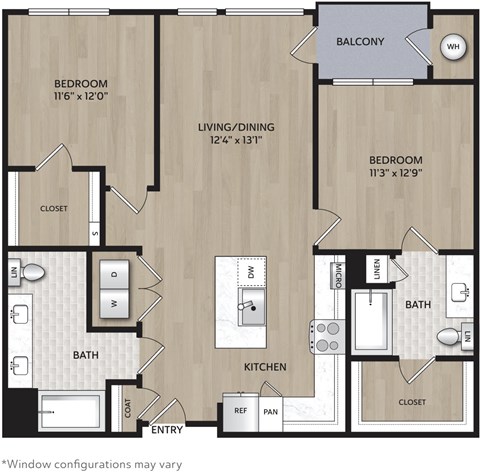Floor plan for 2 beds, 2 baths, 1104 sqft
